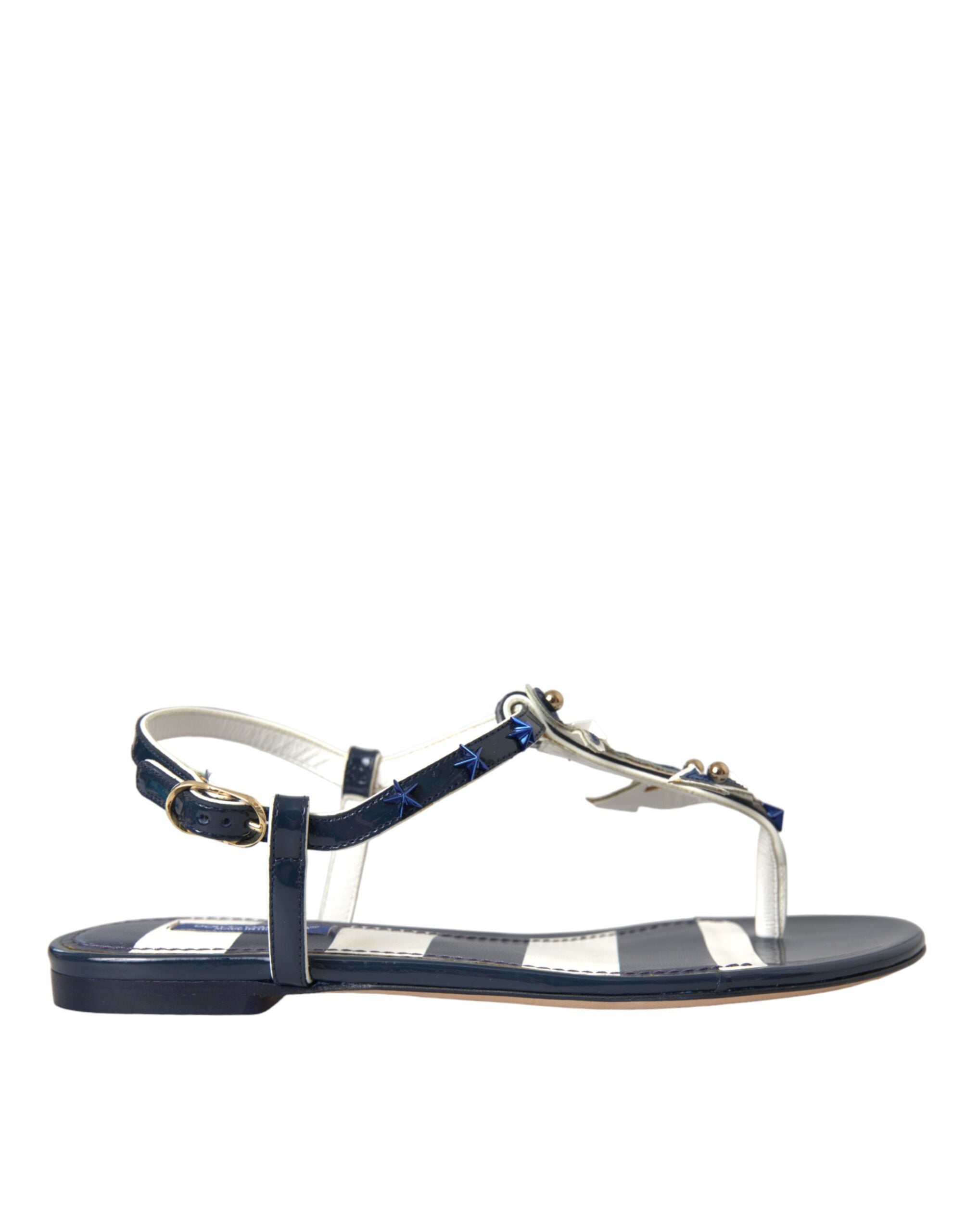 Dolce & Gabbana Blue Stripes Leather Studded Flats Sandals Shoes LUNESCAPE