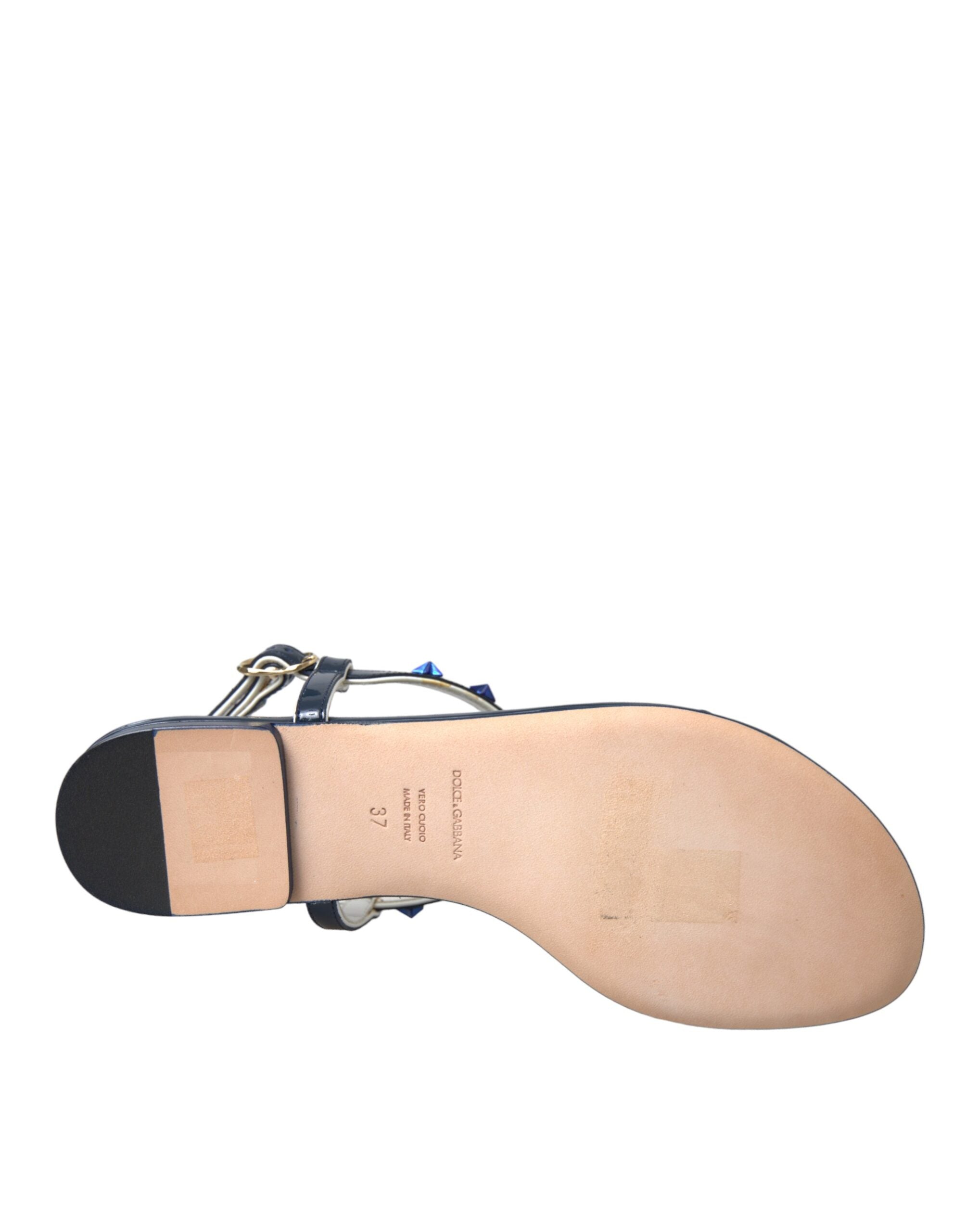 Dolce & Gabbana Blue Stripes Leather Studded Flats Sandals Shoes LUNESCAPE