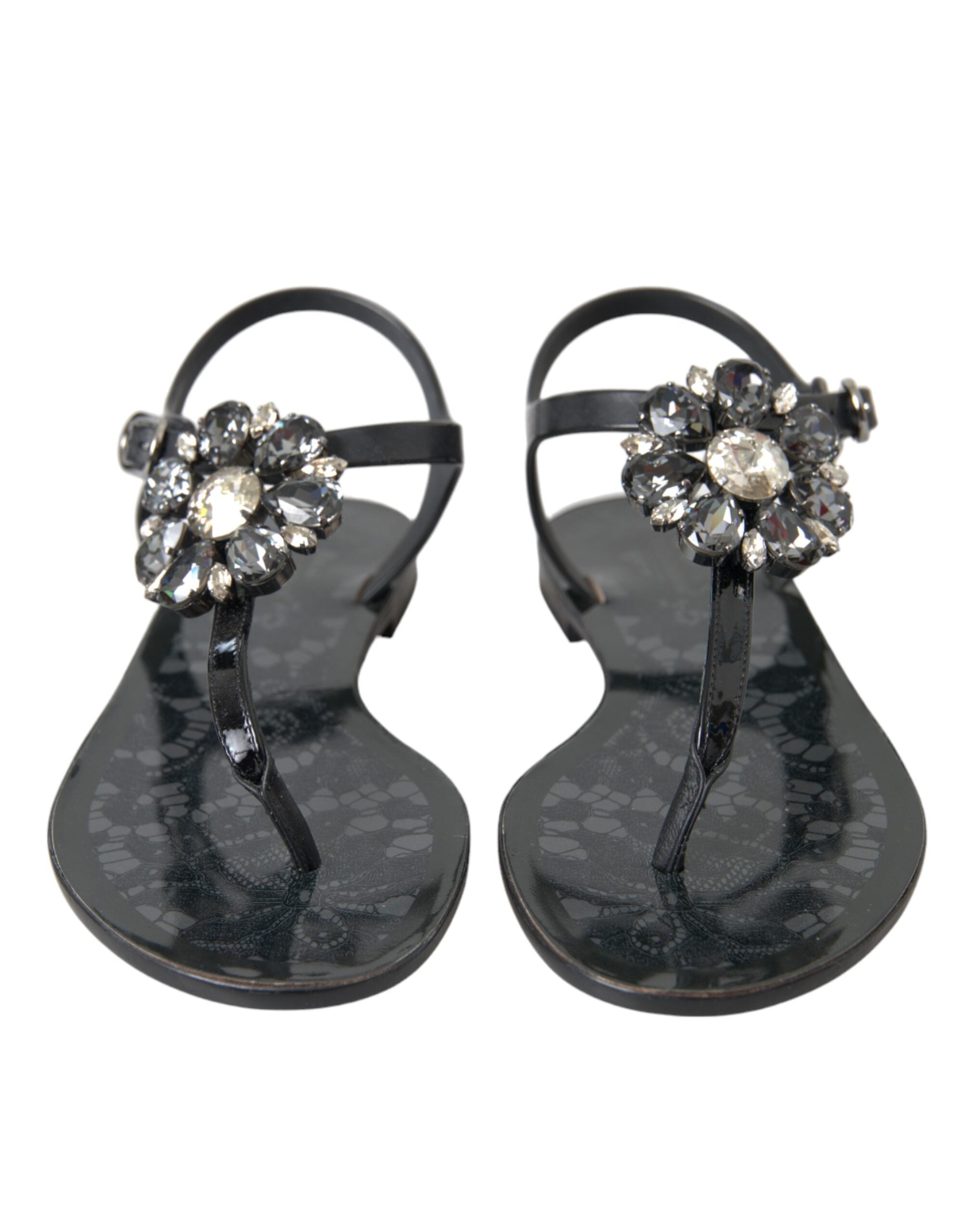 Dolce & Gabbana Black Crystal Flats Sandals Flip Flops Shoes LUNESCAPE