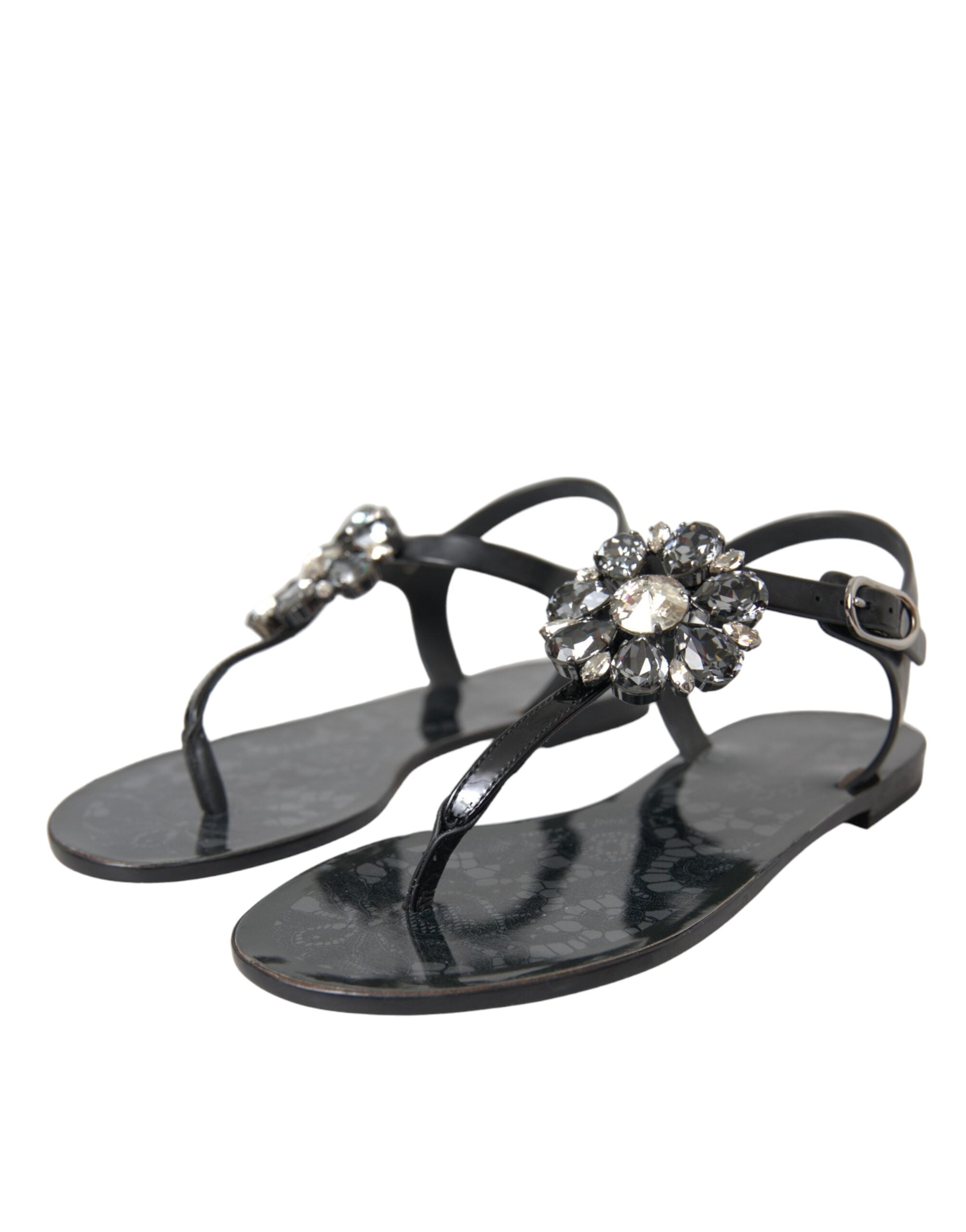 Dolce & Gabbana Black Crystal Flats Sandals Flip Flops Shoes LUNESCAPE