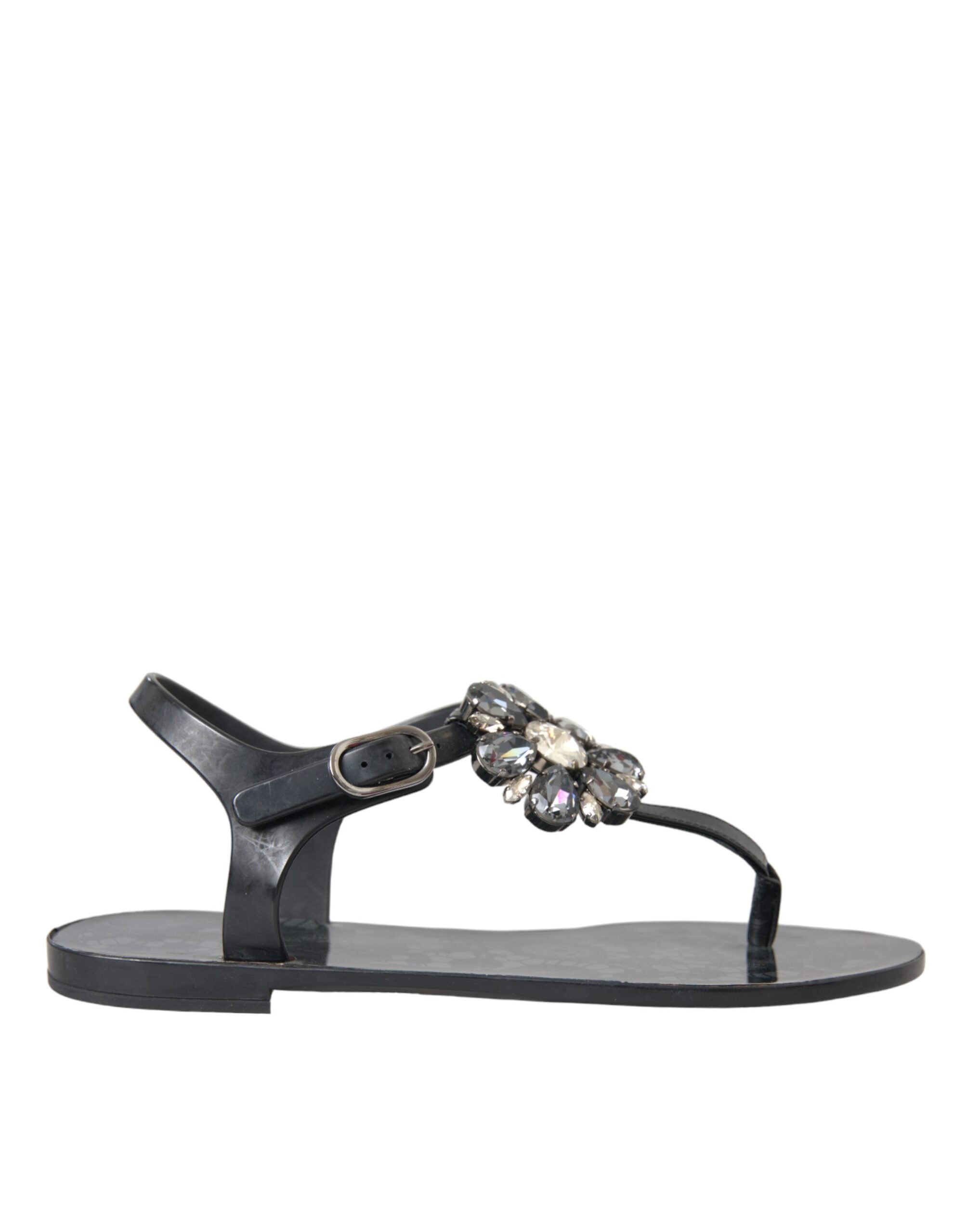 Dolce & Gabbana Black Crystal Flats Sandals Flip Flops Shoes LUNESCAPE