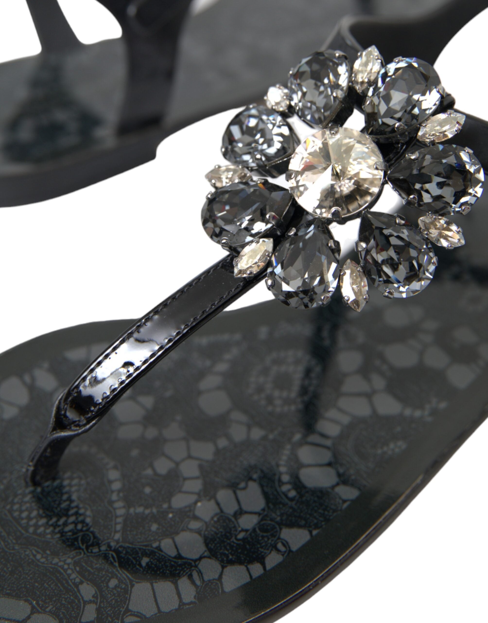 Dolce & Gabbana Black Crystal Flats Sandals Flip Flops Shoes LUNESCAPE