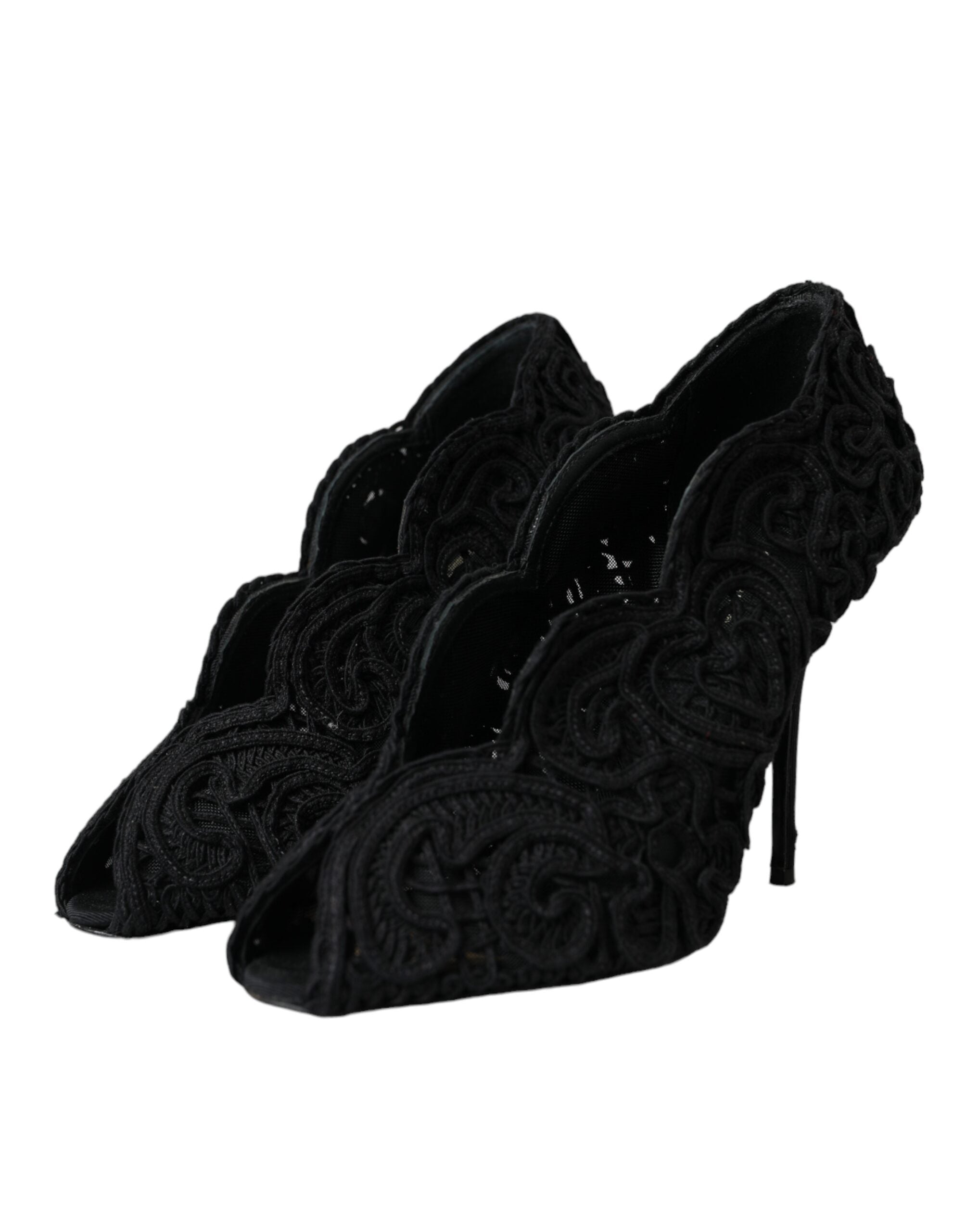 Dolce & Gabbana Black Cordonetto Ricamo Pump Open Toe Shoes LUNESCAPE