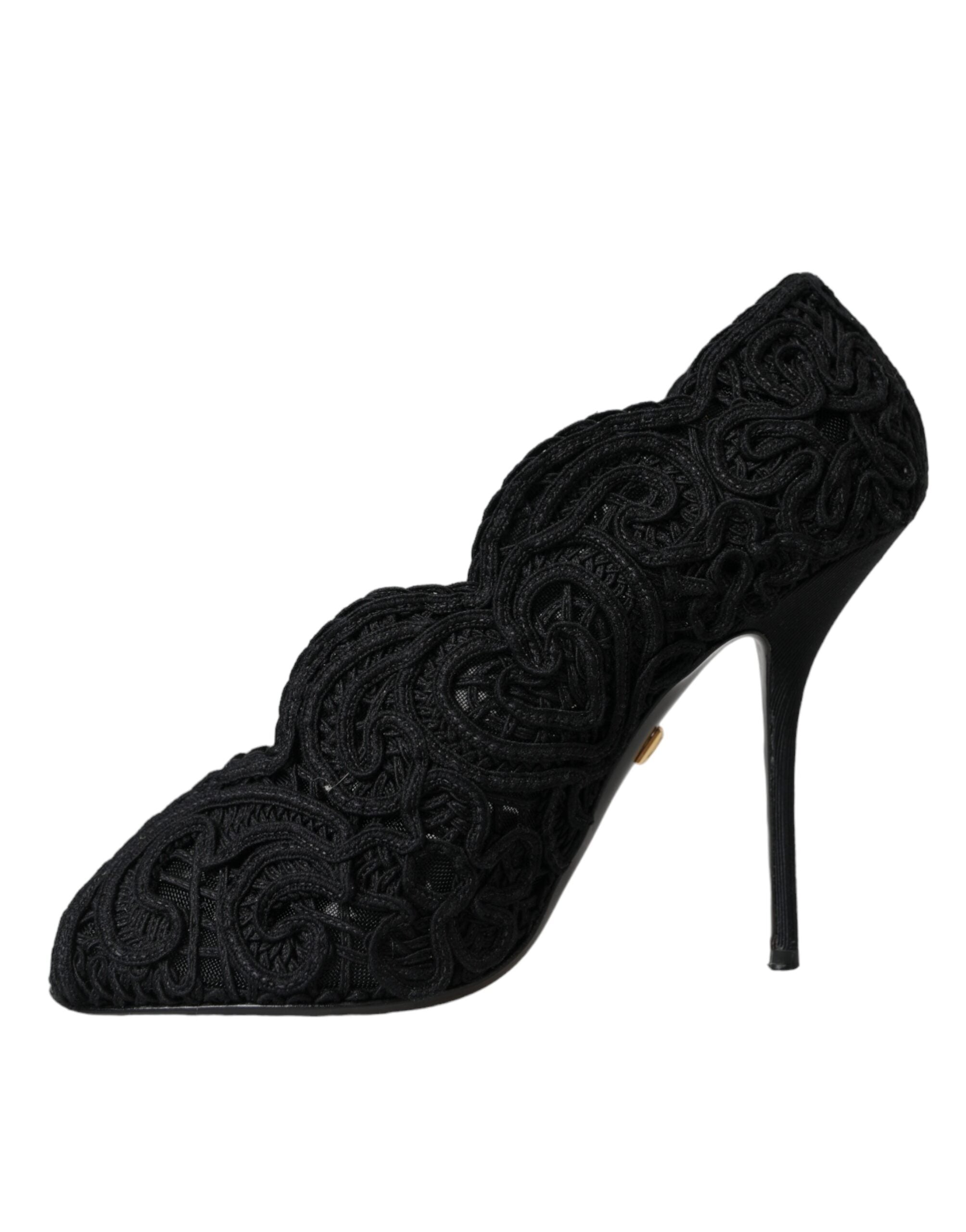 Dolce & Gabbana Black Cordonetto Ricamo Pump Open Toe Shoes LUNESCAPE