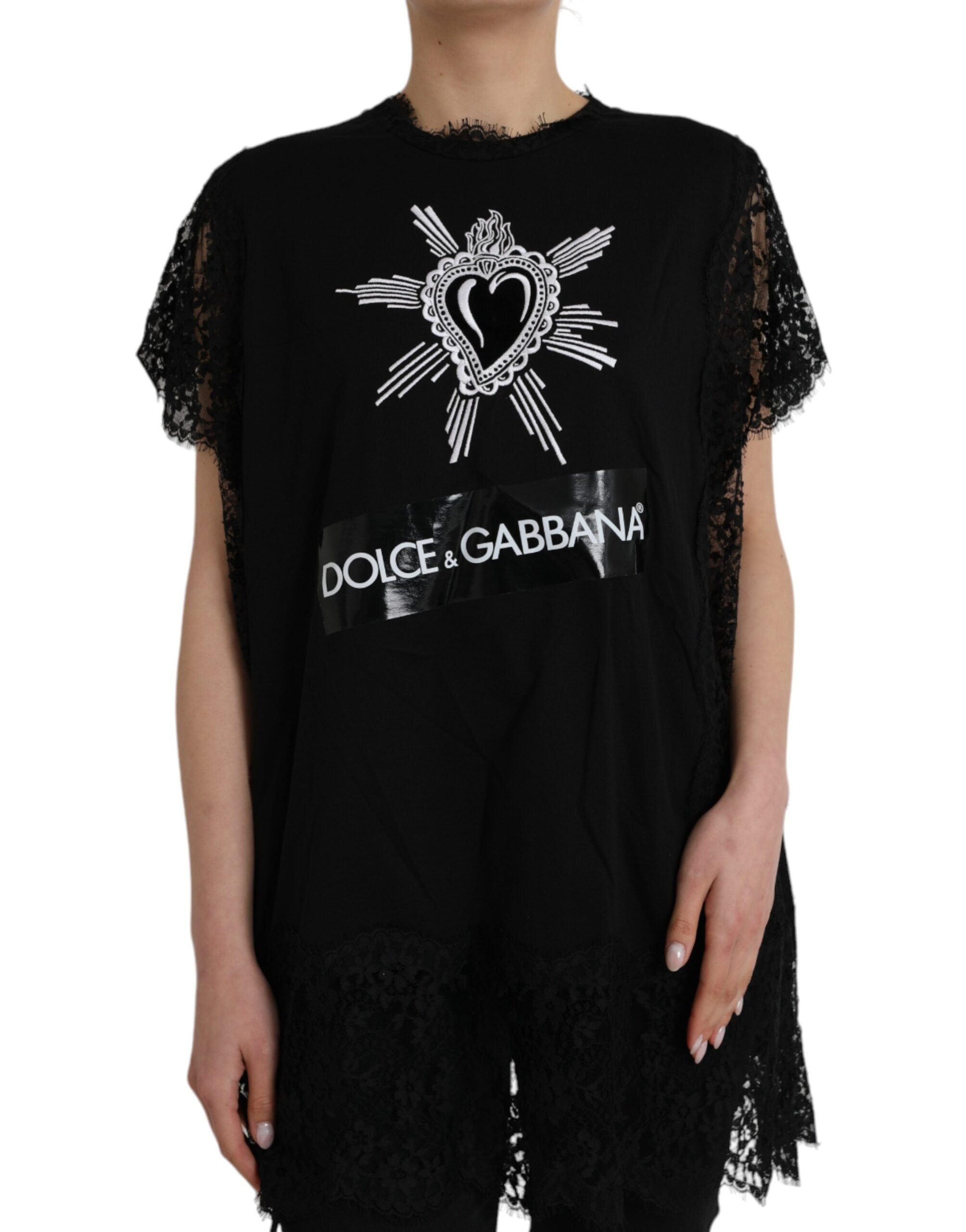 Dolce & Gabbana Black Sacred Heart Print Cotton Lace T-shirt LUNESCAPE