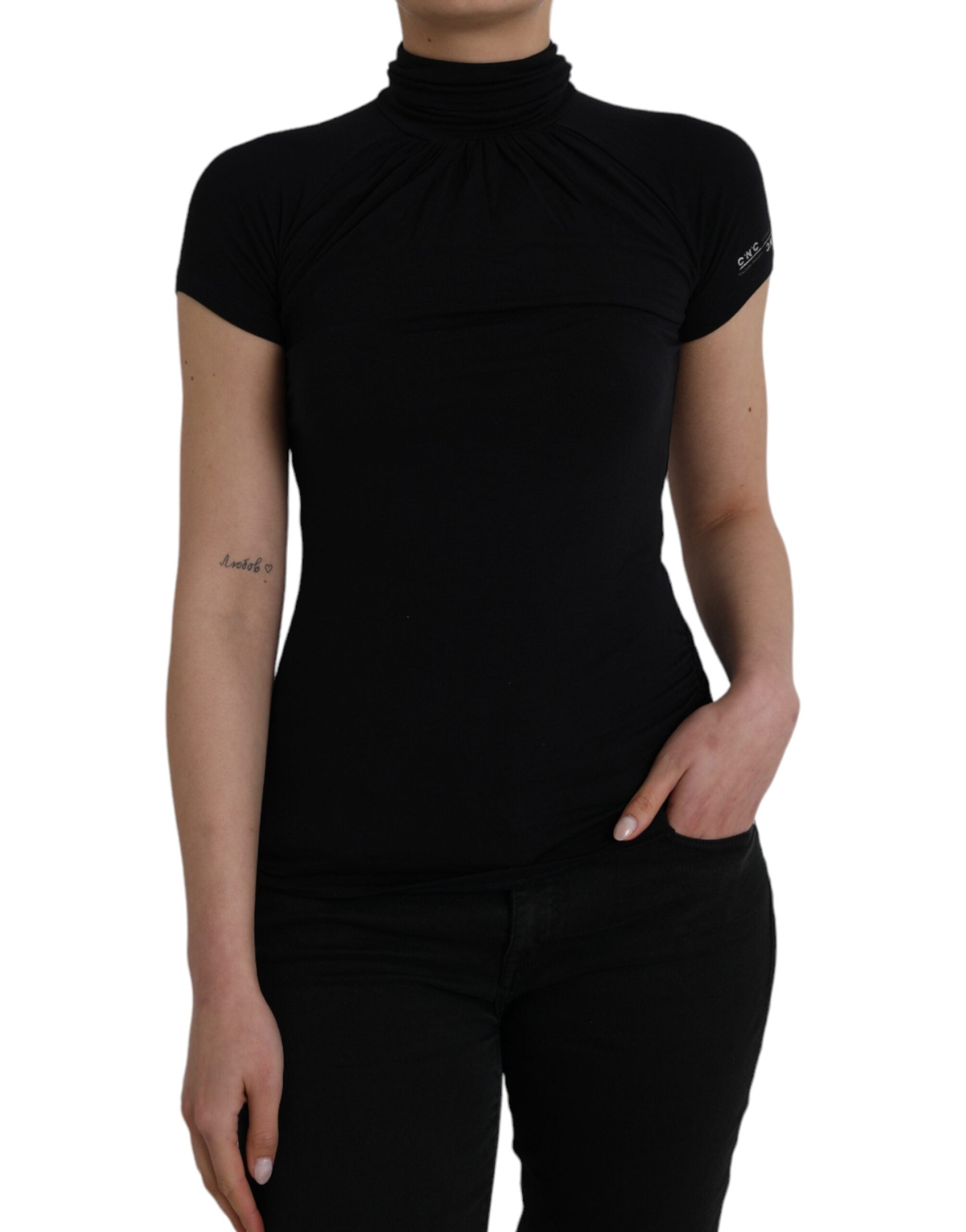 Costume National Black Turtleneck Viscose Short Sleeve Top LUNESCAPE
