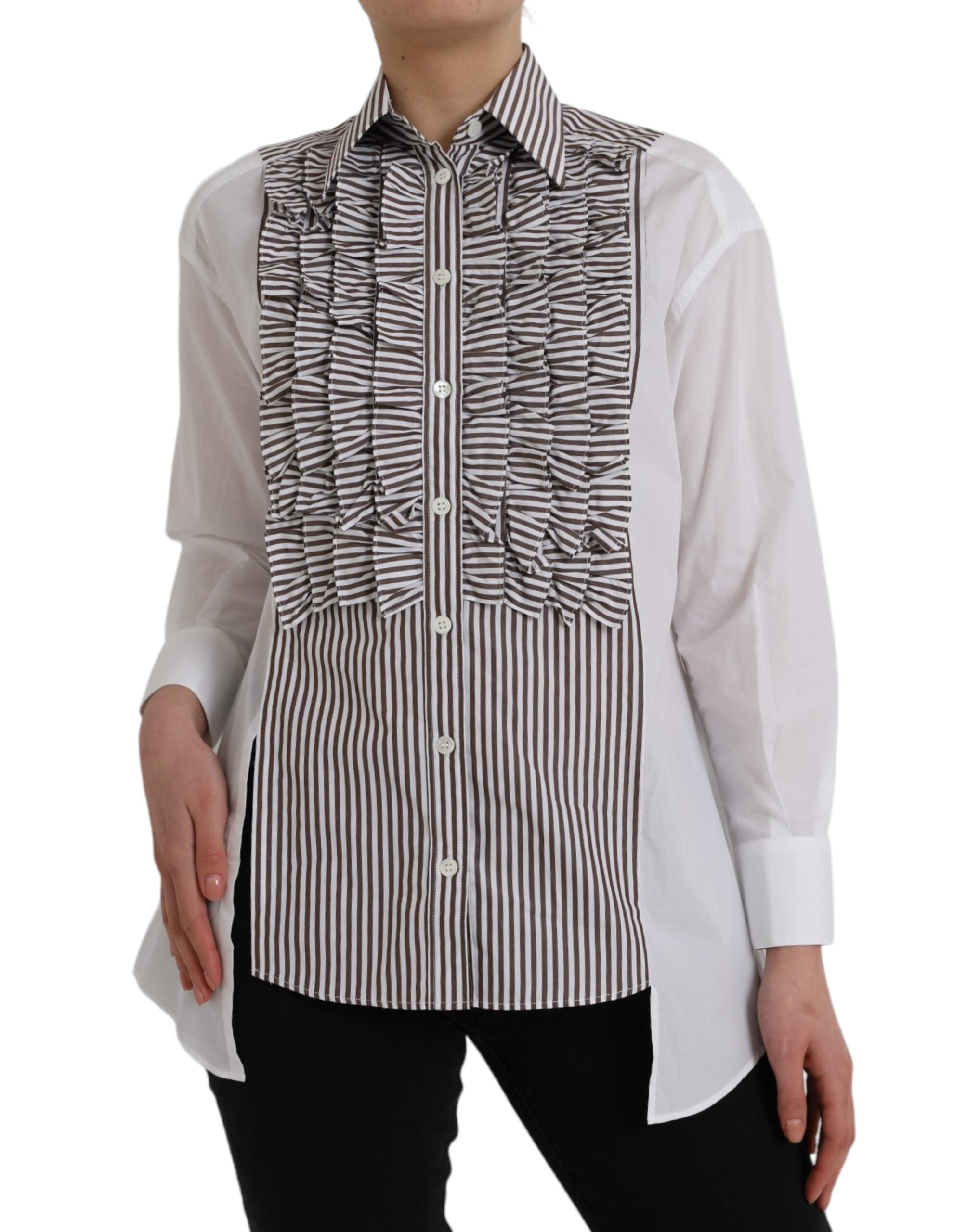 Dolce & Gabbana White Stripes Cotton Long Sleeves Ruffle Collar Top LUNESCAPE