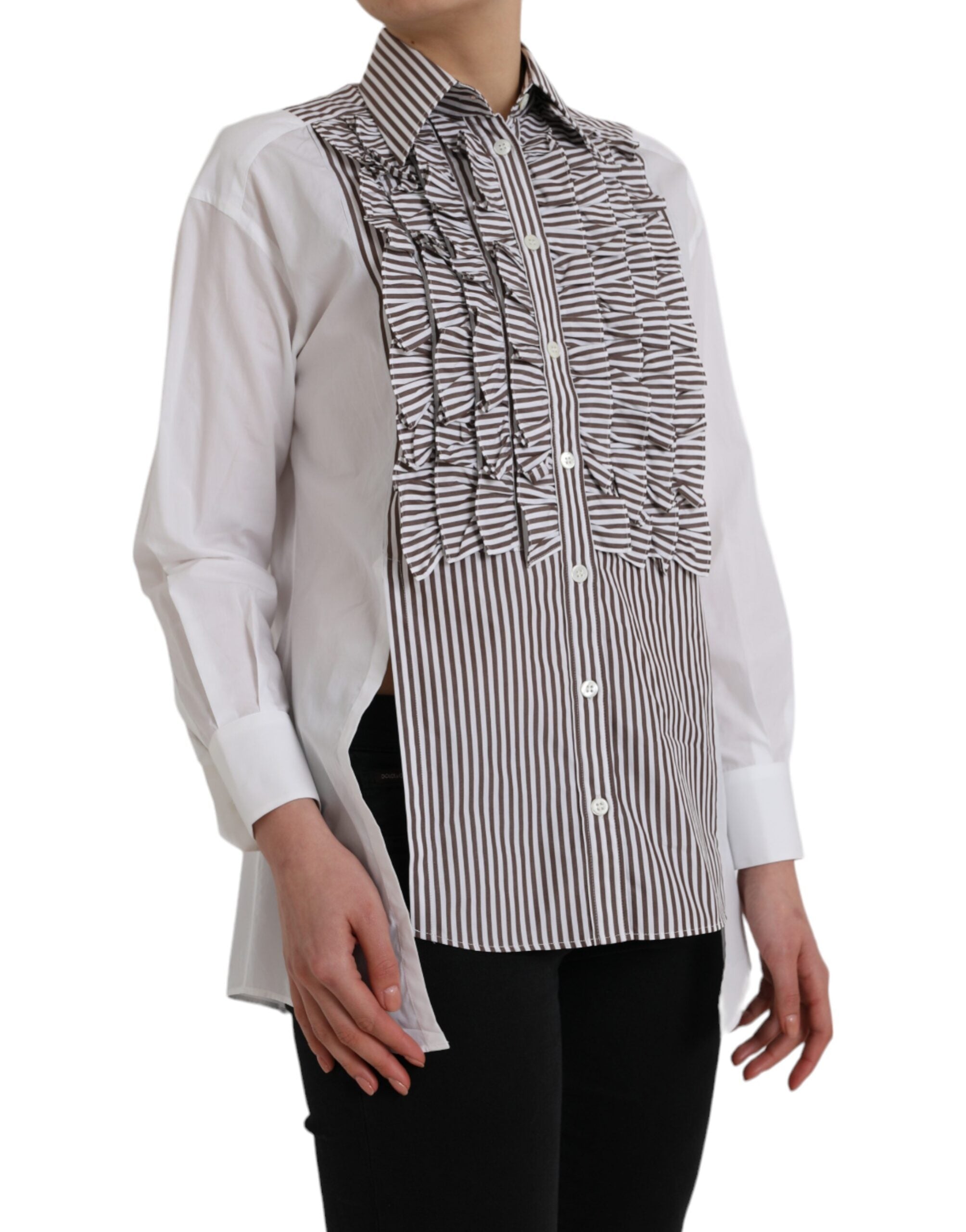 Dolce & Gabbana White Stripes Cotton Long Sleeves Ruffle Collar Top LUNESCAPE