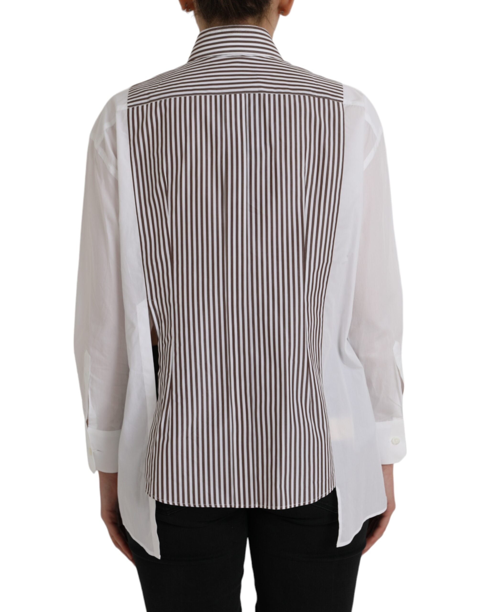 Dolce & Gabbana White Stripes Cotton Long Sleeves Ruffle Collar Top LUNESCAPE