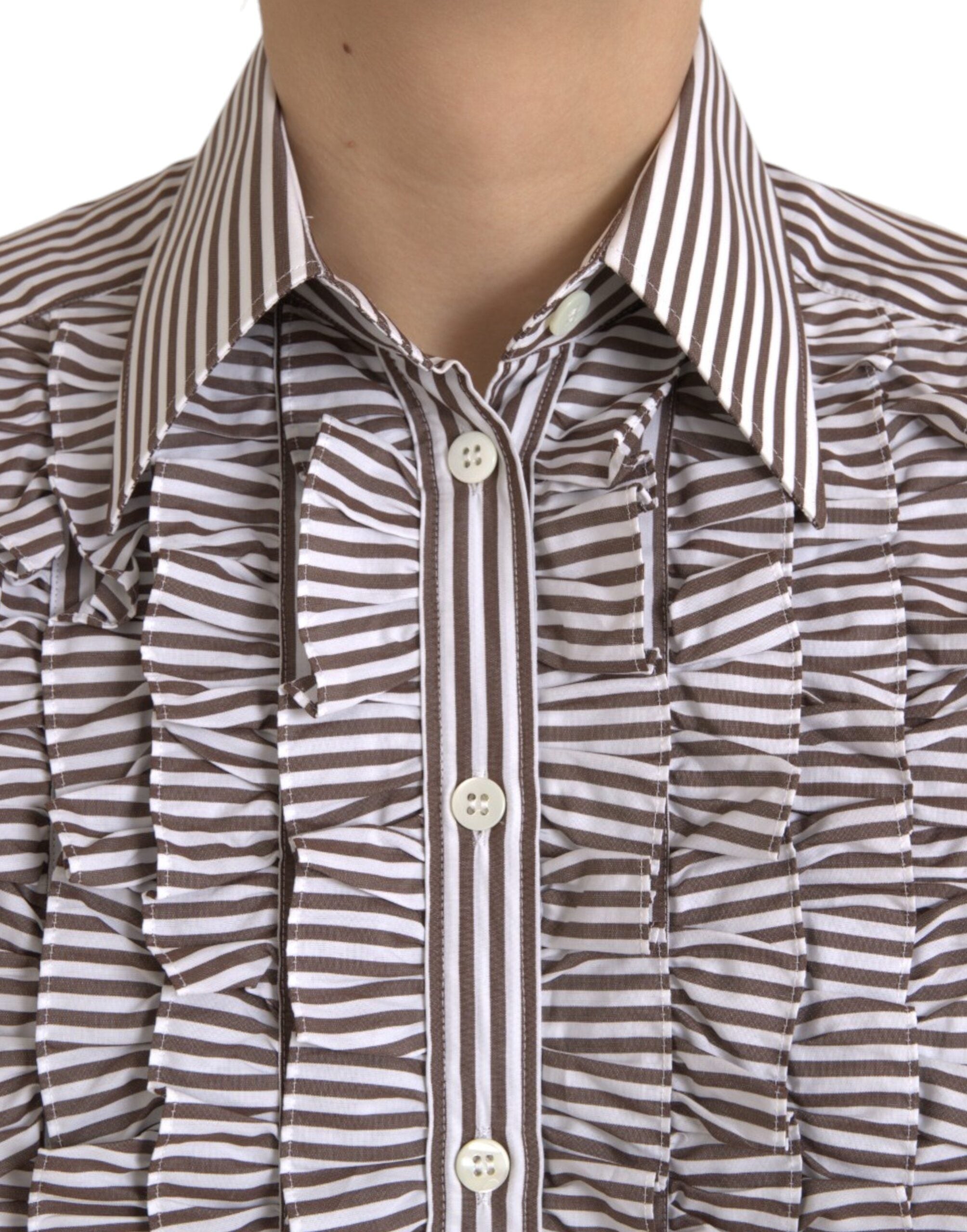Dolce & Gabbana White Stripes Cotton Long Sleeves Ruffle Collar Top LUNESCAPE
