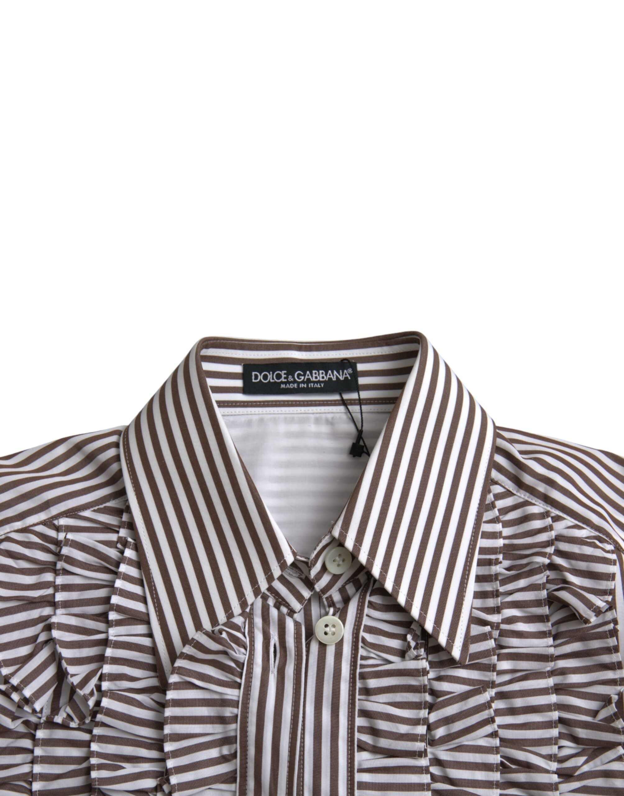Dolce & Gabbana White Stripes Cotton Long Sleeves Ruffle Collar Top LUNESCAPE