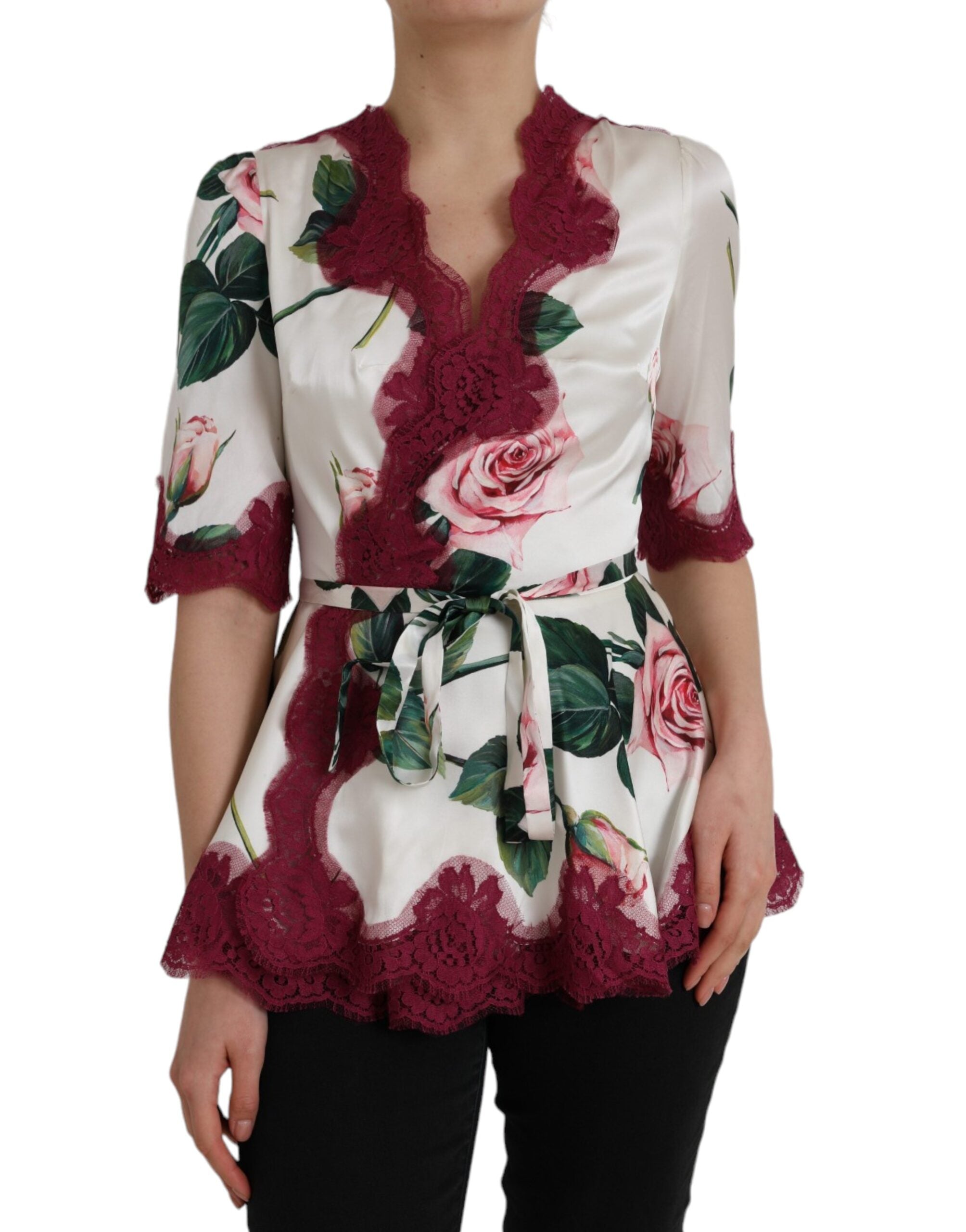 Dolce & Gabbana White Floral Lace Silk Short Sleeves Top LUNESCAPE
