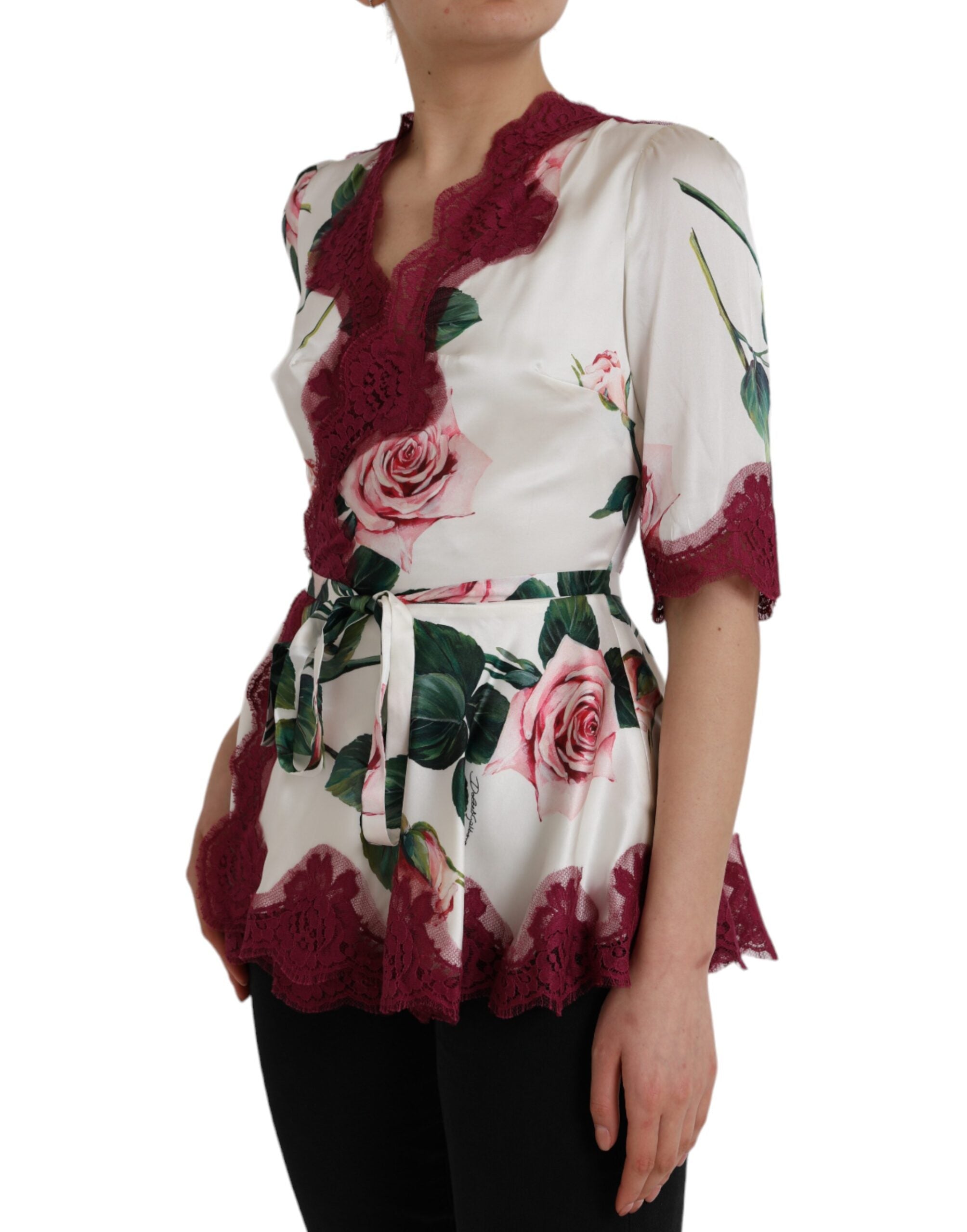 Dolce & Gabbana White Floral Lace Silk Short Sleeves Top LUNESCAPE