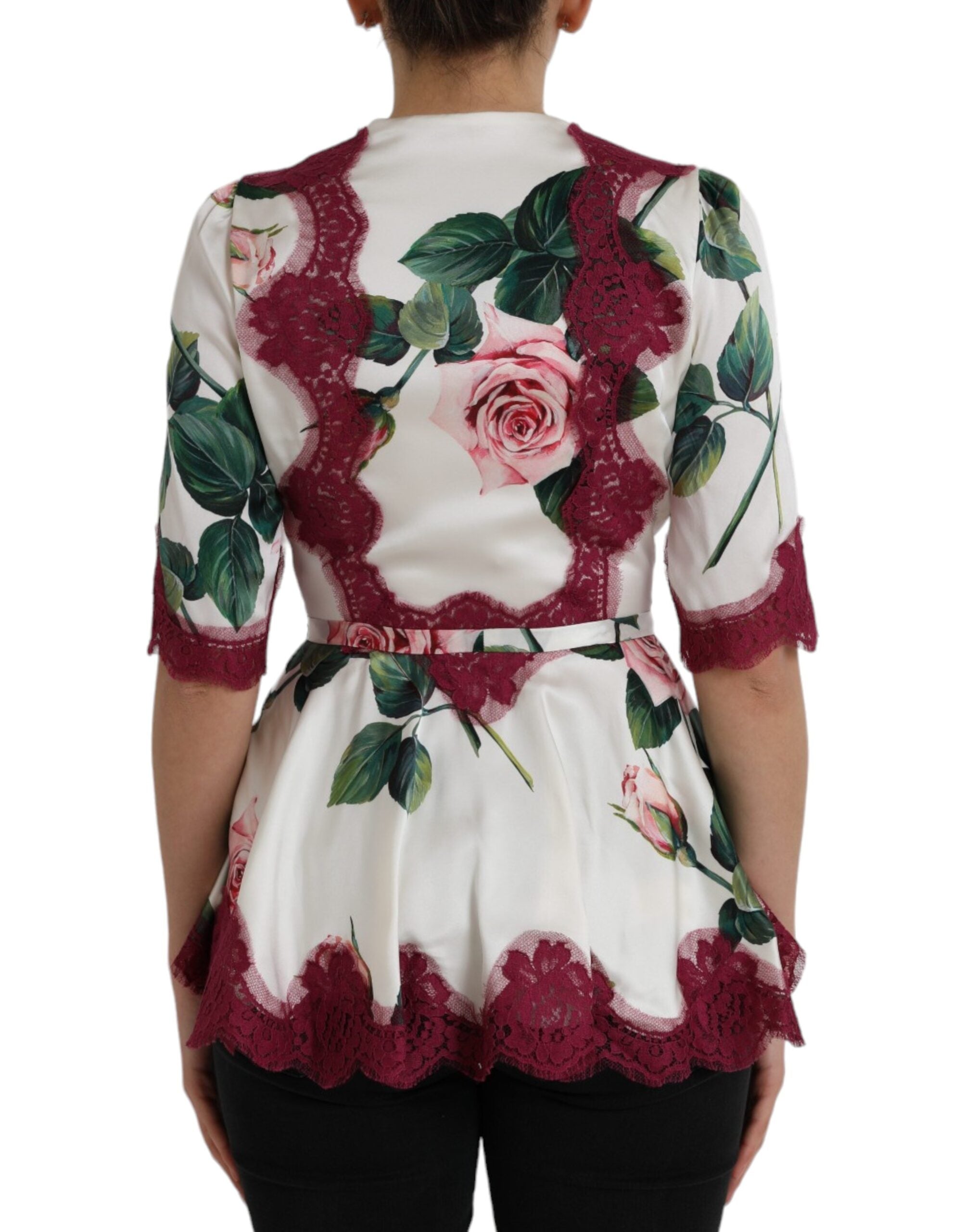 Dolce & Gabbana White Floral Lace Silk Short Sleeves Top LUNESCAPE