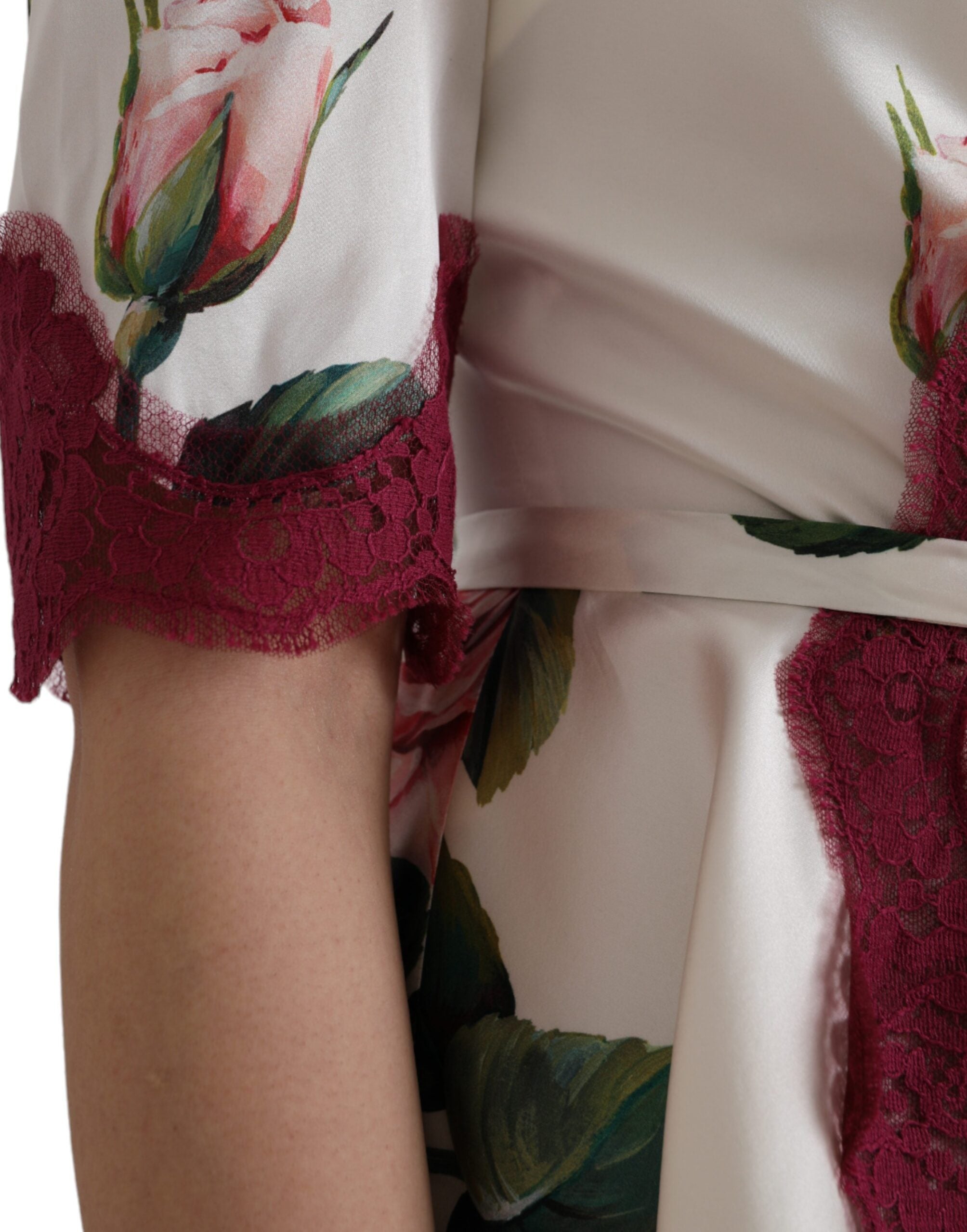 Dolce & Gabbana White Floral Lace Silk Short Sleeves Top LUNESCAPE