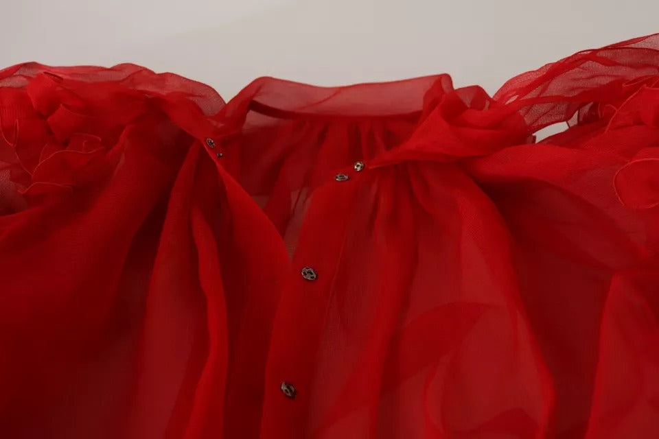 Dolce & Gabbana Red Silk Ascot Collar Ruffles Blouse Top LUNESCAPE