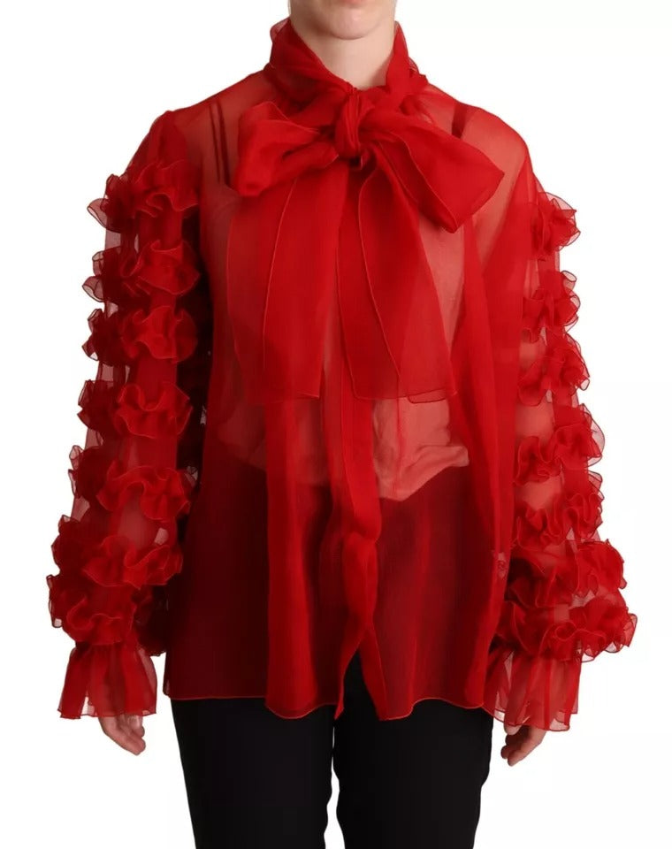 Dolce & Gabbana Red Silk Ascot Collar Ruffles Blouse Top LUNESCAPE