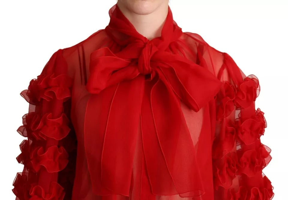 Dolce & Gabbana Red Silk Ascot Collar Ruffles Blouse Top LUNESCAPE