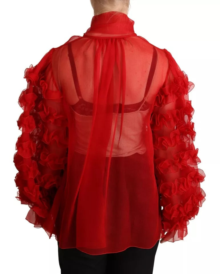 Dolce & Gabbana Red Silk Ascot Collar Ruffles Blouse Top LUNESCAPE