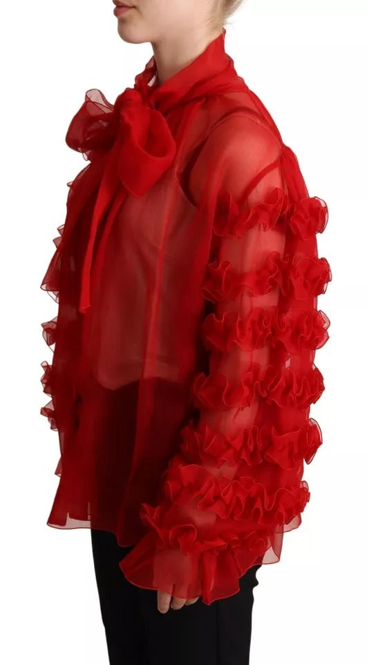 Dolce & Gabbana Red Silk Ascot Collar Ruffles Blouse Top LUNESCAPE