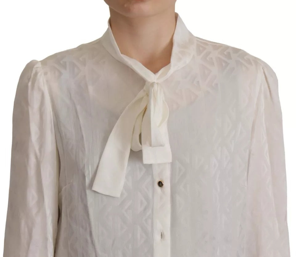 Dolce & Gabbana White Patterned Silk Ascot Collar Blouse Top LUNESCAPE