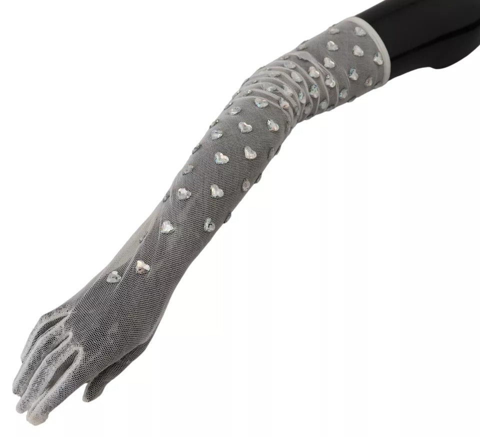 Dolce & Gabbana White Crystal Elbow Length Cotton Tulle Gloves LUNESCAPE