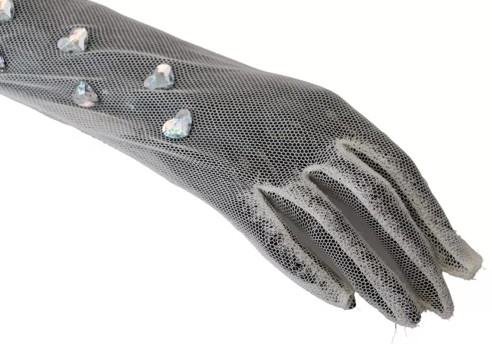 Dolce & Gabbana White Crystal Elbow Length Cotton Tulle Gloves LUNESCAPE