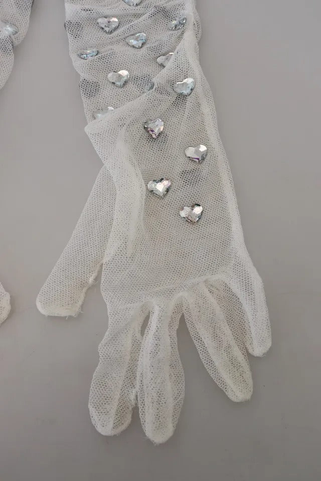 Dolce & Gabbana White Crystal Elbow Length Cotton Tulle Gloves LUNESCAPE