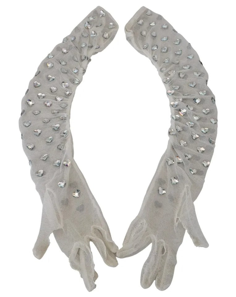 Dolce & Gabbana White Crystal Elbow Length Cotton Tulle Gloves LUNESCAPE