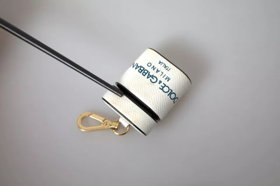 Dolce & Gabbana White Blue Calf Leather Logo Print Strap Airpods Case