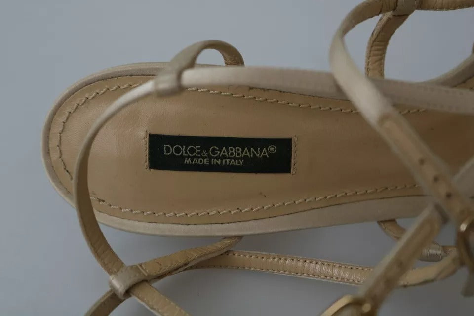 Dolce & Gabbana Gold Silk Ankle Strap Heels Sandals Shoes