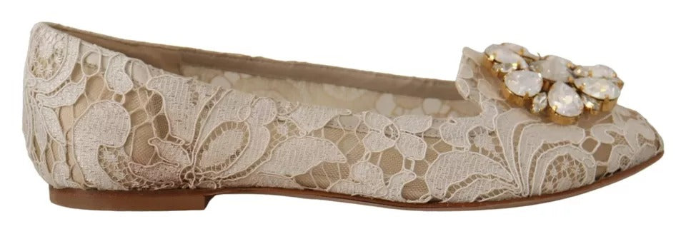 Dolce & Gabbana Beige Lace Crystal Ballet Flats Loafers Shoes LUNESCAPE