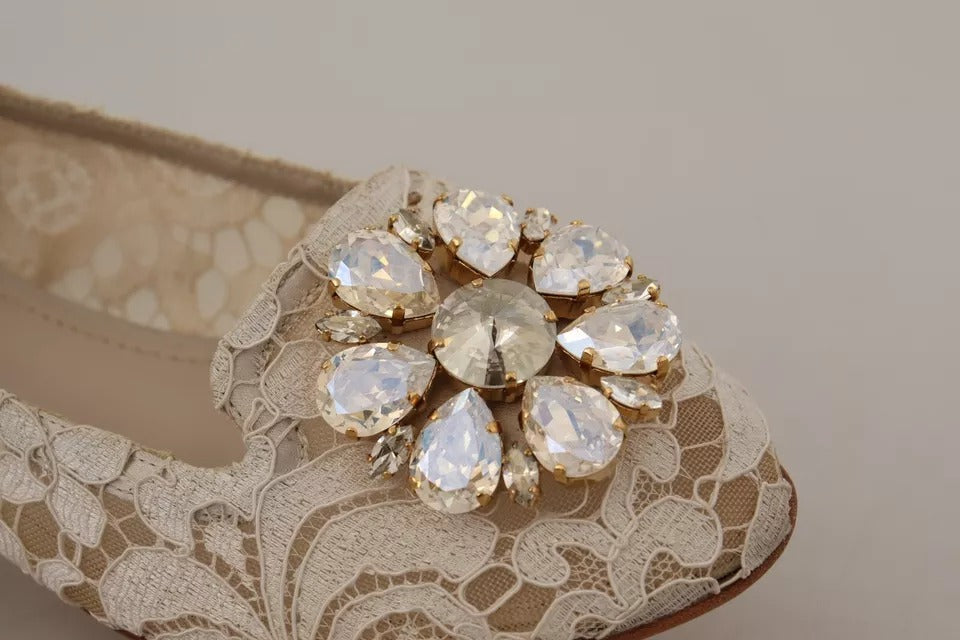 Dolce & Gabbana Beige Lace Crystal Ballet Flats Loafers Shoes
