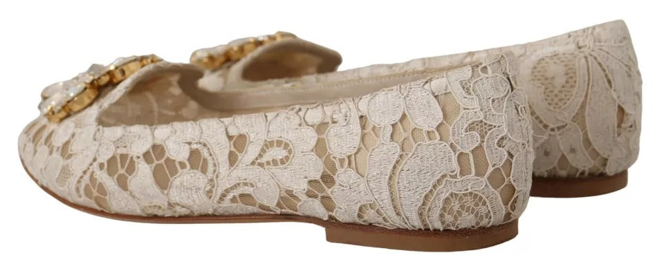 Dolce & Gabbana Beige Lace Crystal Ballet Flats Loafers Shoes LUNESCAPE