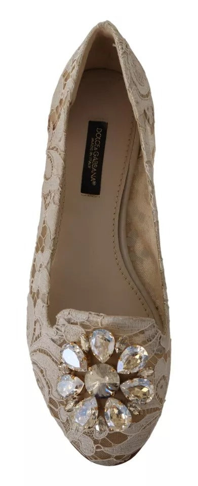 Dolce & Gabbana Beige Lace Crystal Ballet Flats Loafers Shoes LUNESCAPE