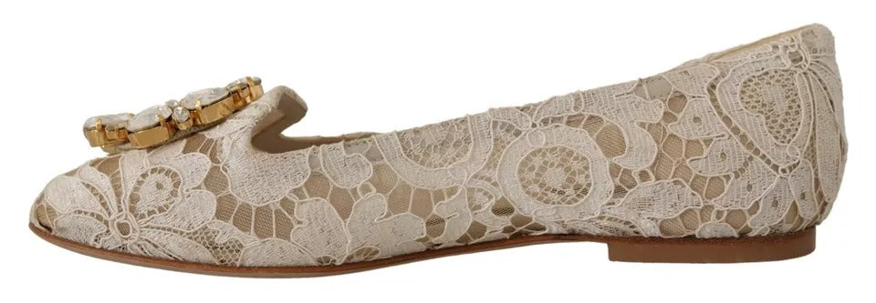 Dolce & Gabbana Beige Lace Crystal Ballet Flats Loafers Shoes LUNESCAPE