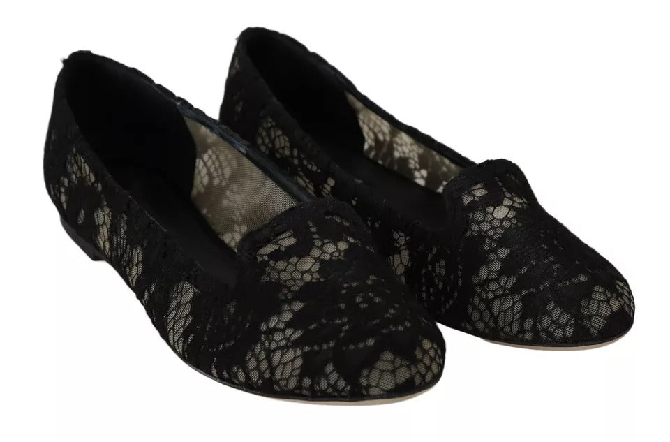 Dolce & Gabbana Black Floral Lace Loafers Flats Shoes LUNESCAPE