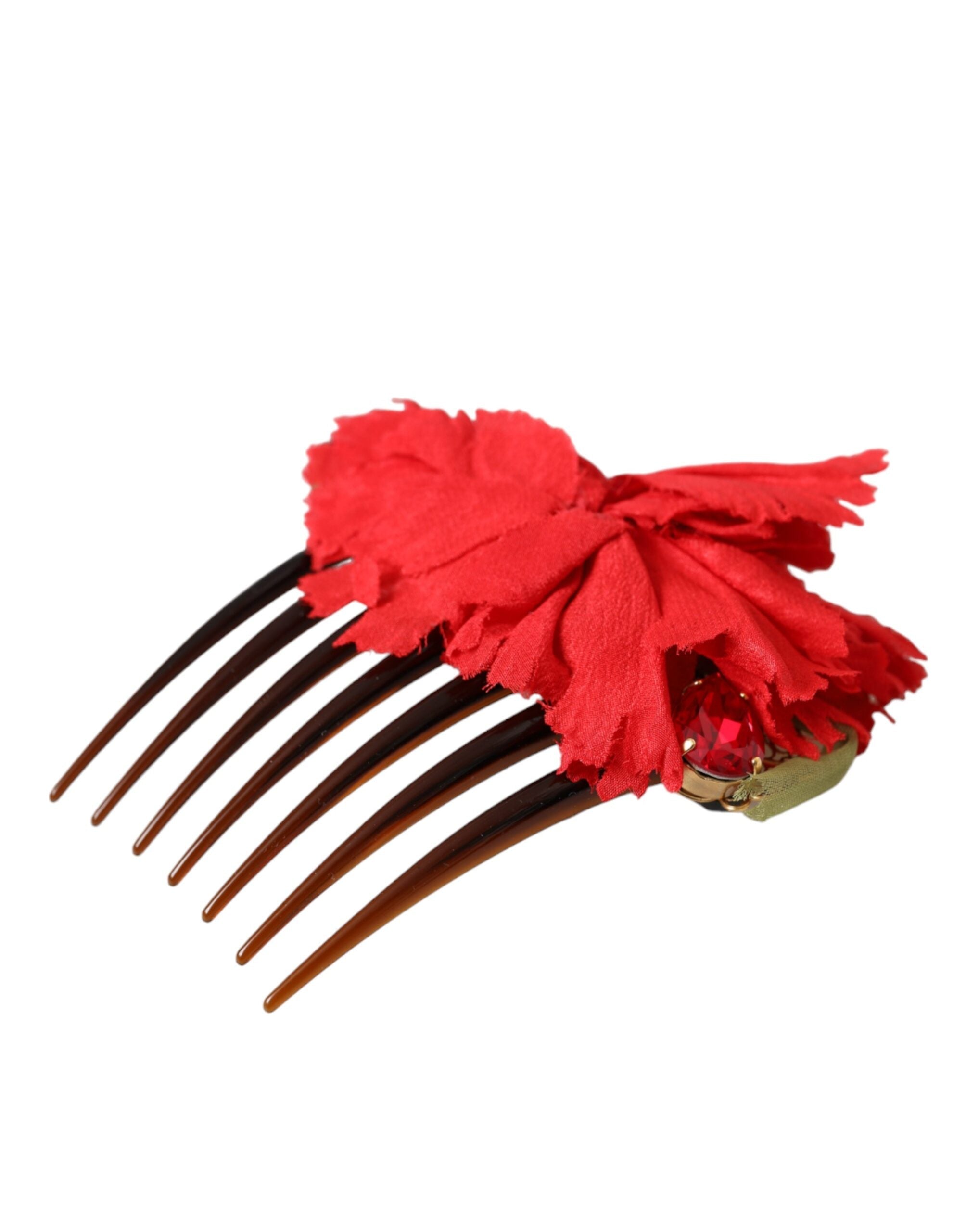 Dolce & Gabbana Red Silk Floral Gold Brass Women Hair Comb LUNESCAPE