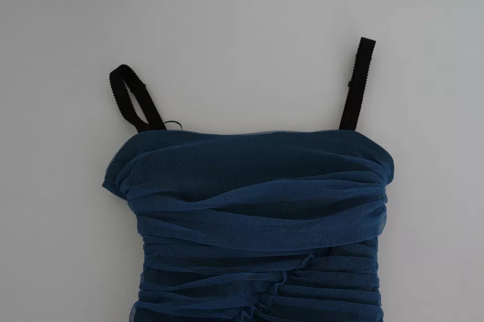 Dolce & Gabbana Blue Draped Tulle Midi Sheath Cotton Dress LUNESCAPE