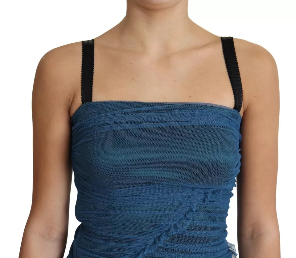 Dolce & Gabbana Blue Draped Tulle Midi Sheath Cotton Dress LUNESCAPE