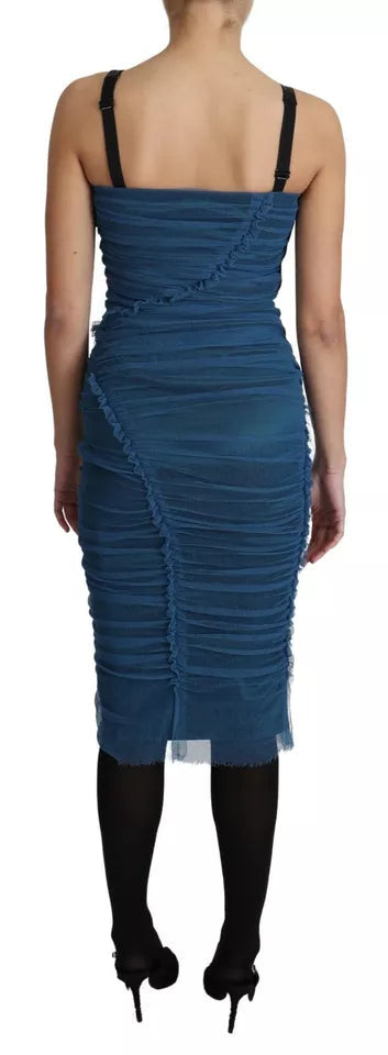 Dolce & Gabbana Blue Draped Tulle Midi Sheath Cotton Dress LUNESCAPE