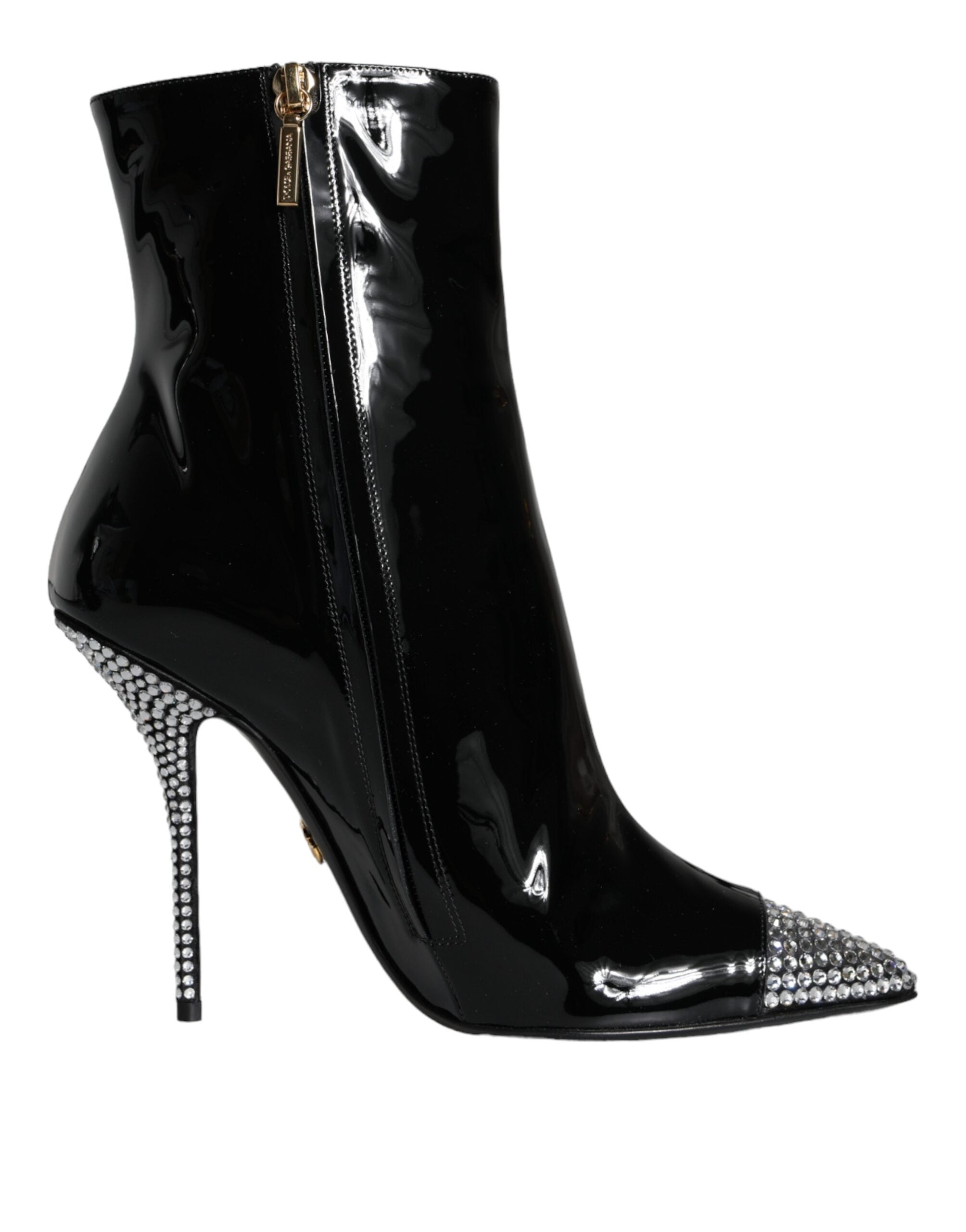 Dolce & Gabbana Black Patent Leather Crystal Heel Boots Shoes LUNESCAPE