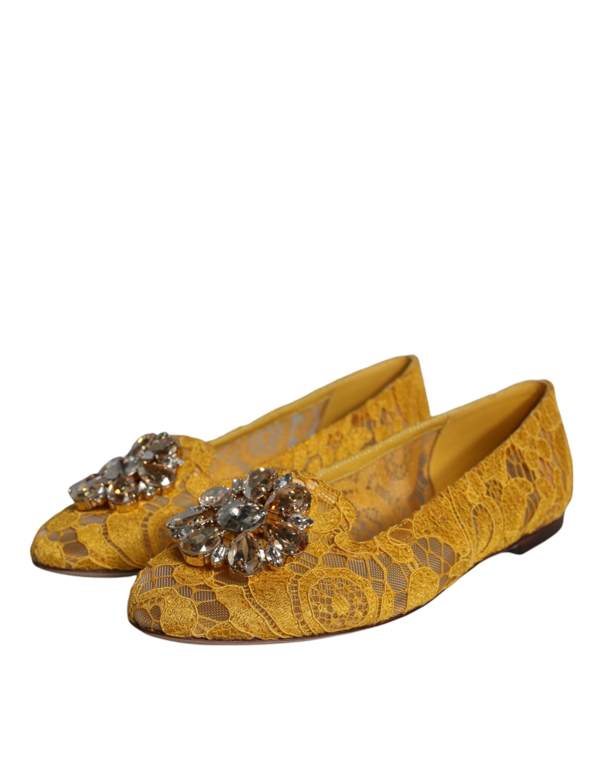 Dolce & Gabbana Mustard Lace Crystal Ballet Flats Loafer Shoes LUNESCAPE
