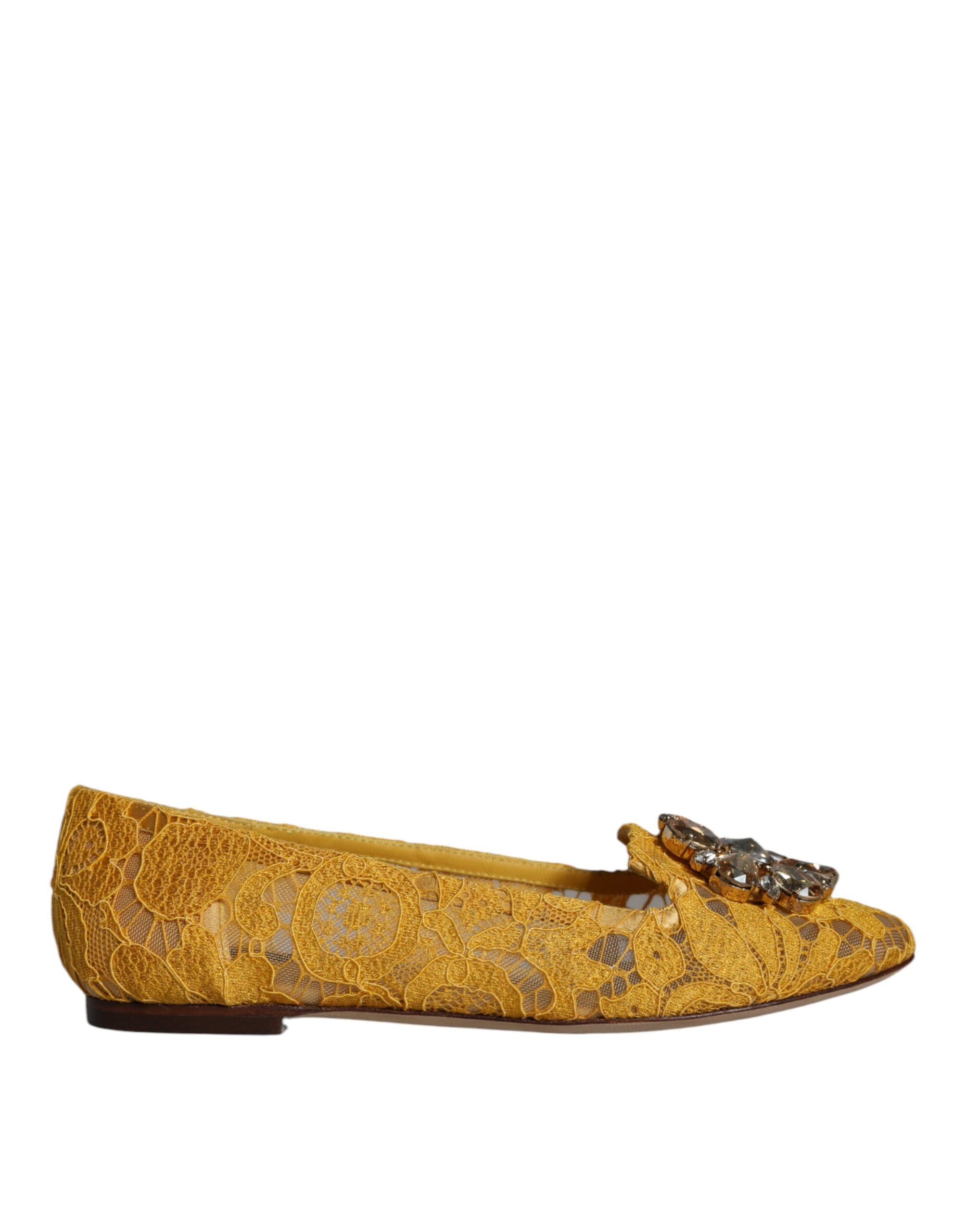 Dolce & Gabbana Mustard Lace Crystal Ballet Flats Loafer Shoes LUNESCAPE