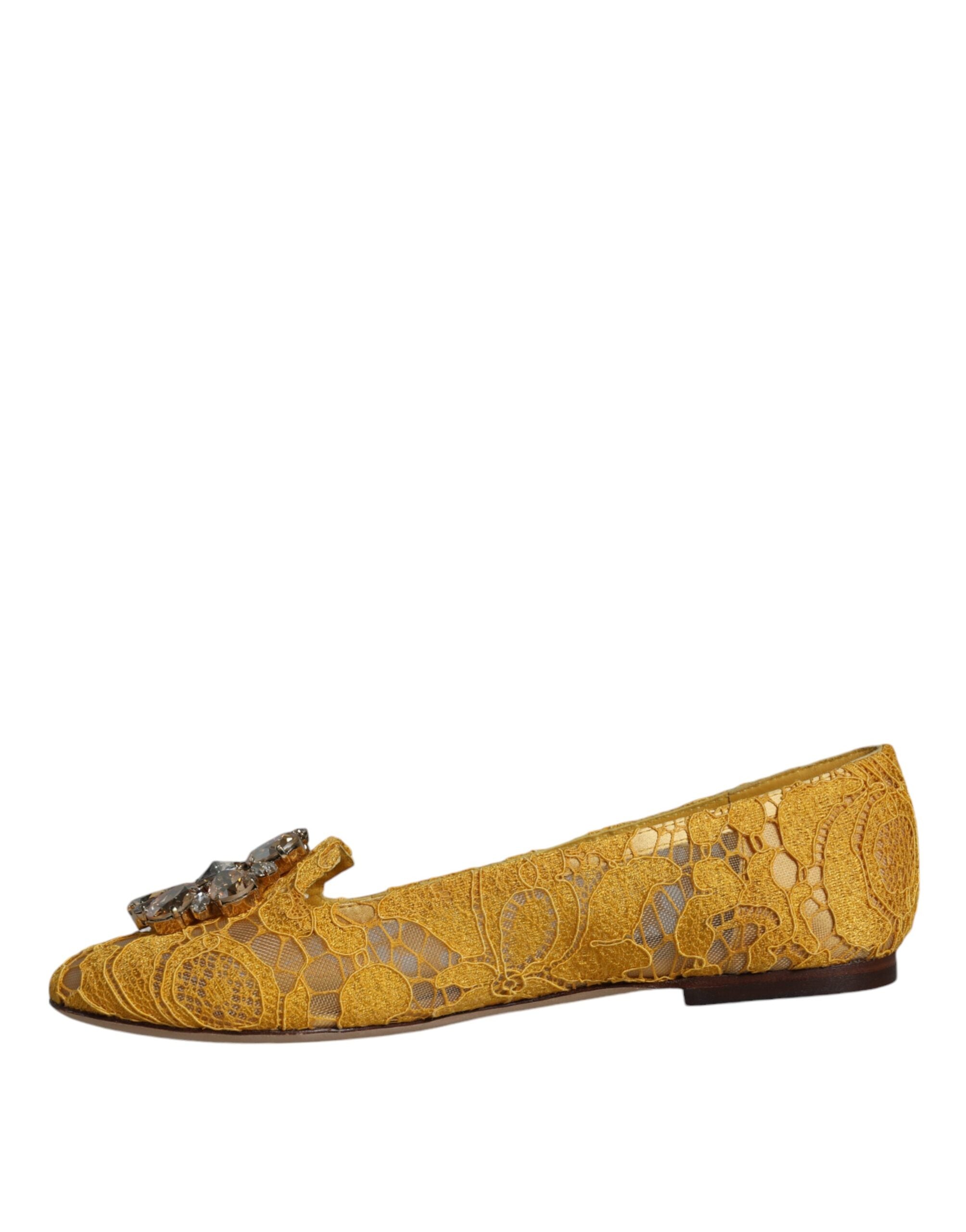 Dolce & Gabbana Mustard Lace Crystal Ballet Flats Loafer Shoes LUNESCAPE