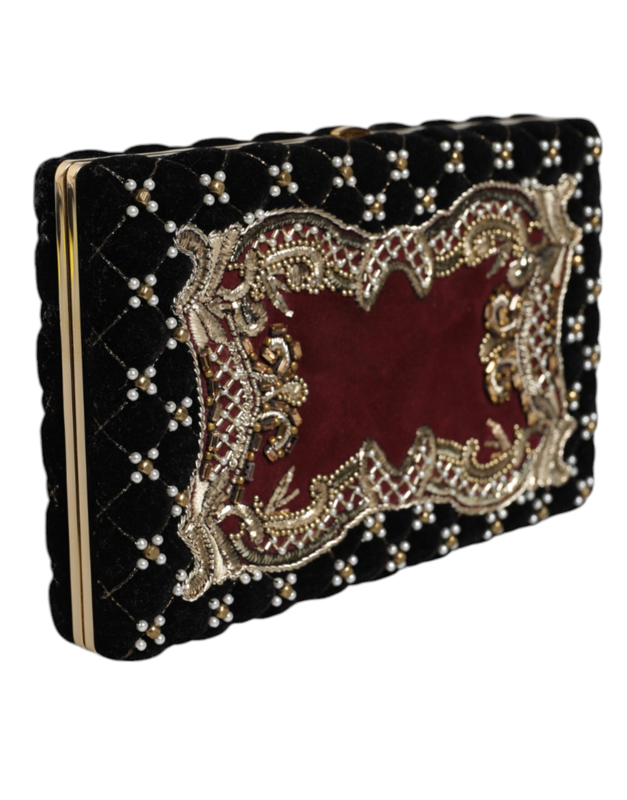 Dolce & Gabbana Bordeaux Black Velvet Gold Frame Clutch Evening Purse Bag LUNESCAPE