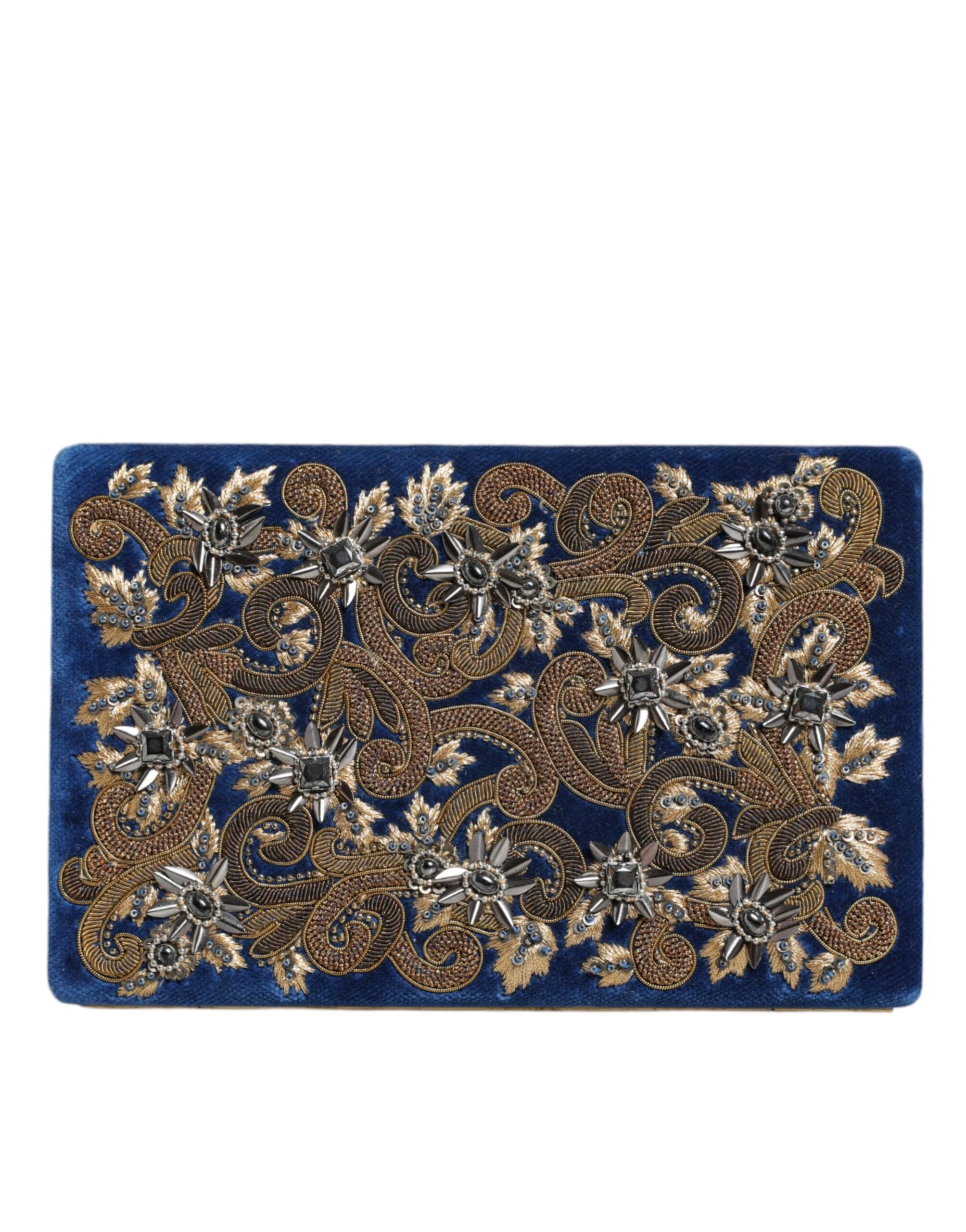 Dolce & Gabbana Blue Velvet Gold Frame Clutch Evening Party Purse Bag LUNESCAPE