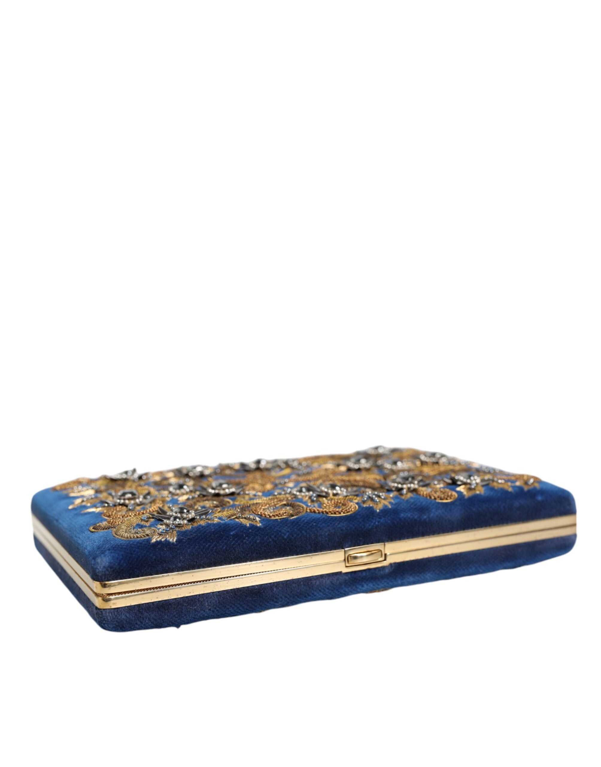 Dolce & Gabbana Blue Velvet Gold Frame Clutch Evening Party Purse Bag LUNESCAPE