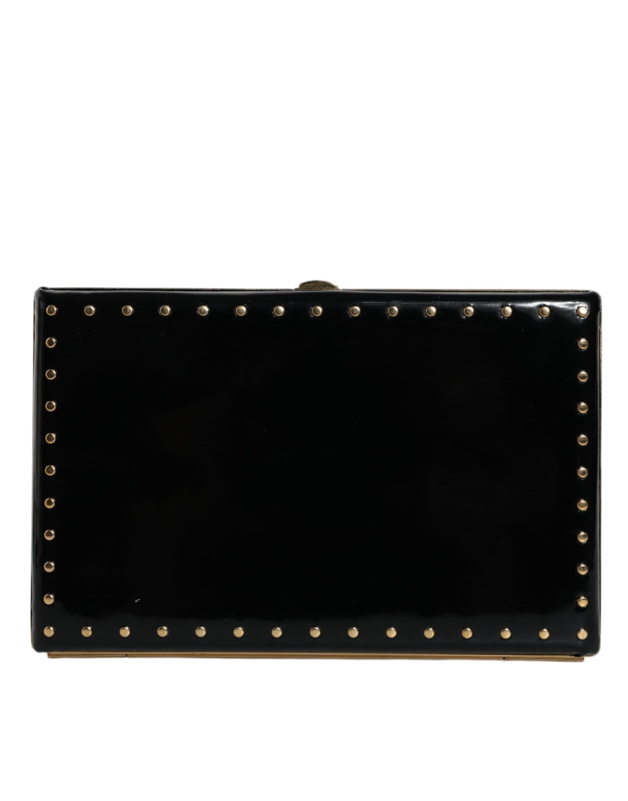 Dolce & Gabbana Black Leather Studs Gold Frame Clutch Evening Purse Bag LUNESCAPE