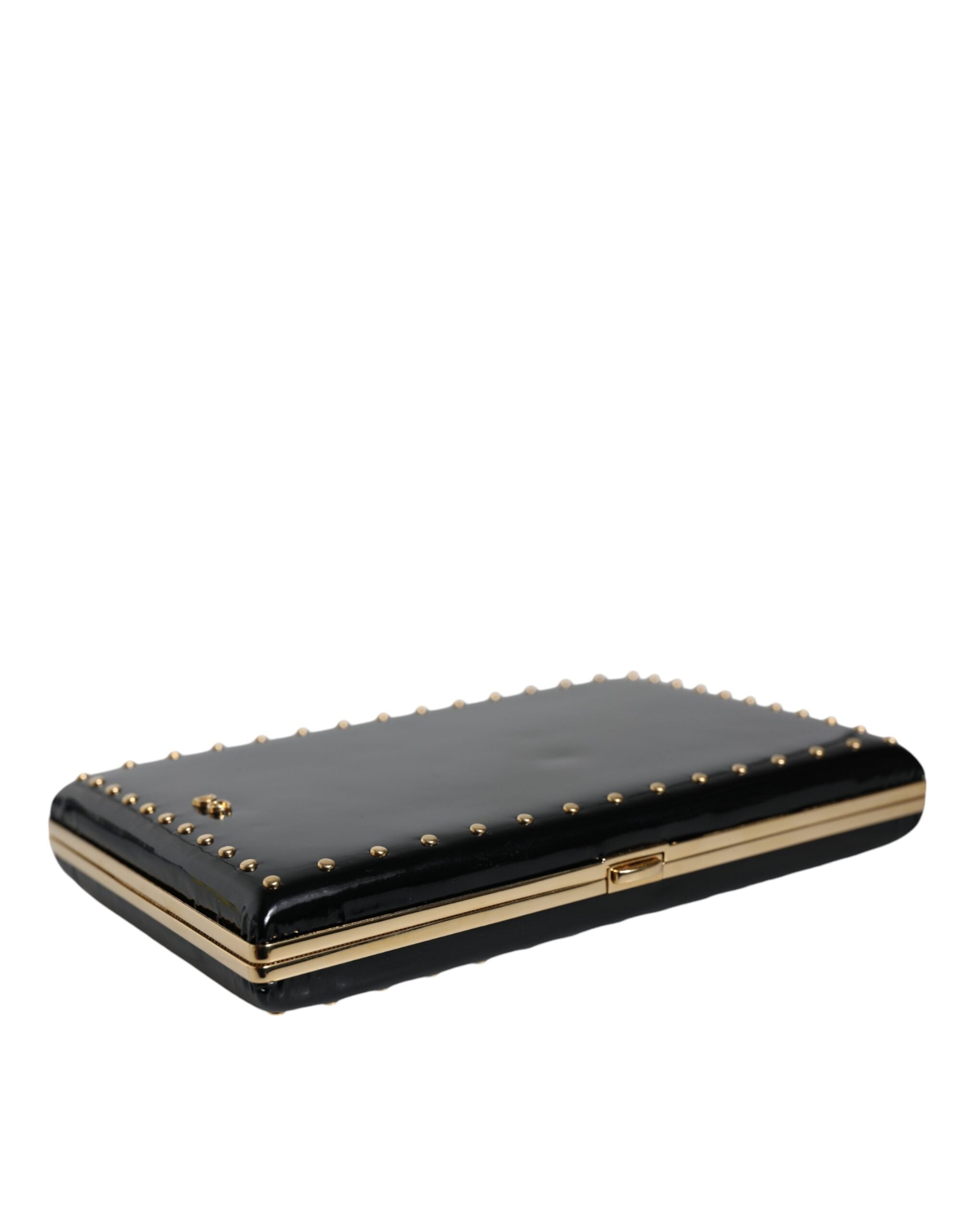 Dolce & Gabbana Black Leather Studs Gold Frame Clutch Evening Purse Bag LUNESCAPE